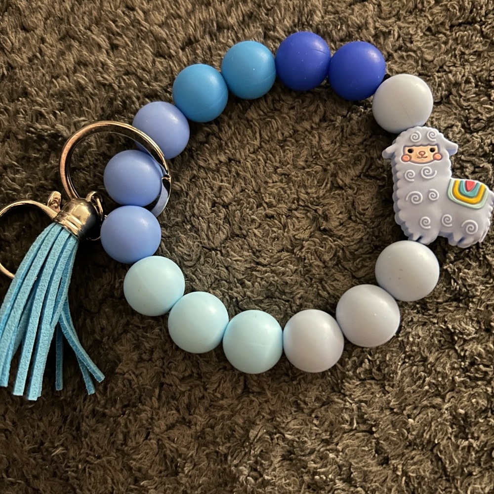 Blue & Light Blue Llama Beaded Keychain Bracelet